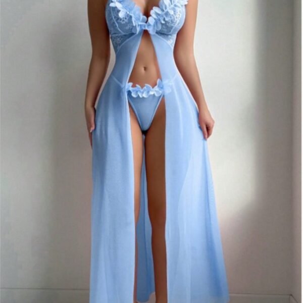 Cross-Border Foreign Trade European and American New Sexy Lingerie Sexy Women's Flower Front Placket Mesh Suspender Long Skirt Sexy Suit