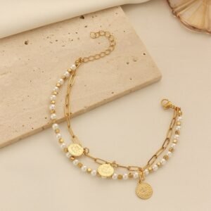 Middle Eastern Retro Pearl Rice Flower Coin Pendant Bracelet