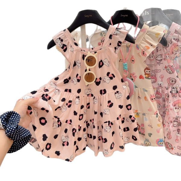 Girls Floral Cartoon Print Cotton-Silk Summer Dress - Skin-Friendly, Cool Feel