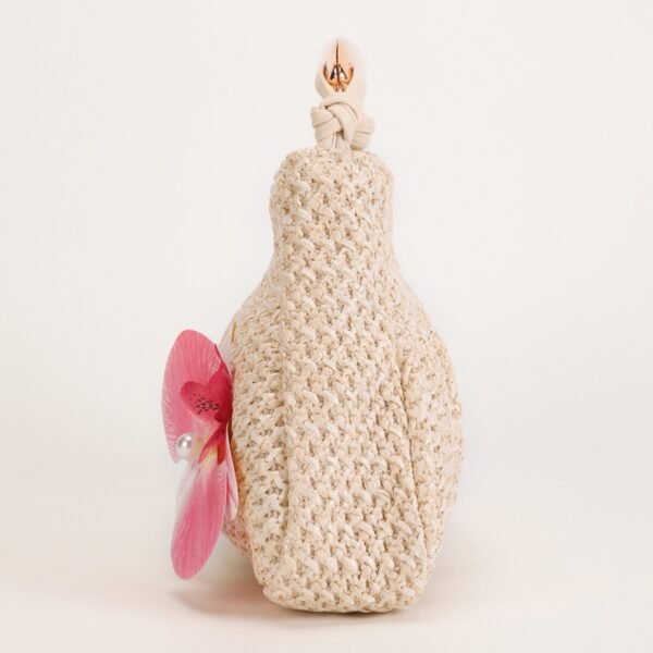 Hand-Woven Straw Handbag - Cream White Floral Decorated Bag