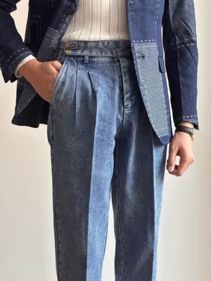Men's High Waist Turn-Up Denim Trousers - Italian Cut Straight Leg Jeans