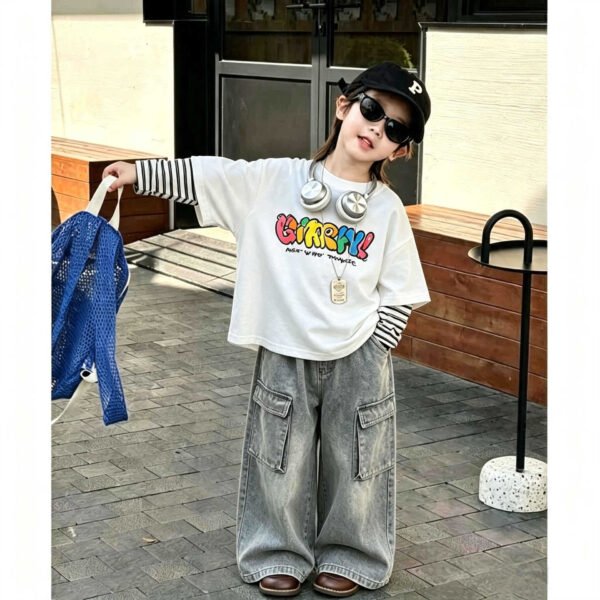 Children's Two-in-One Long Sleeve T-Shirt, Cartoon Patchwork Sleeve Top