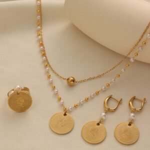 Turkish Portrait Coin Badge Chain Pearl Double-Layer Necklace Jewelry Set