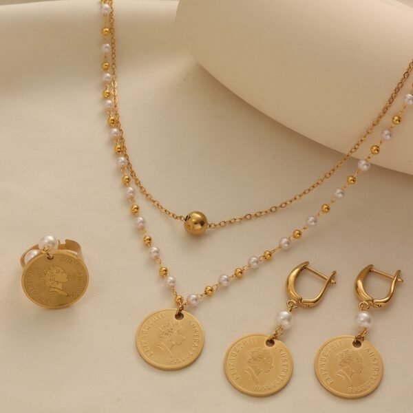 Turkish Portrait Coin Badge Chain Pearl Double-Layer Necklace Jewelry Set 1 Turkish Portrait Coin Badge Chain Pearl Double-Layer Necklace Jewelry Set