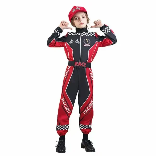 Boys Racing Suit Costume Set with Belt & Hat - Kids Role-Play Jumpsuit