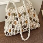 Hand-Woven Beach Bag - Ethnic Style Beaded Handle Basket Bag