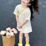 Girls' Summer Striped Short-Sleeve T-Shirt, Casual Rainbow Stripe Design