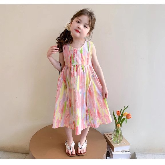 Girls' Graffiti Vest Dress, Summer Rainbow Pink Princess Dress