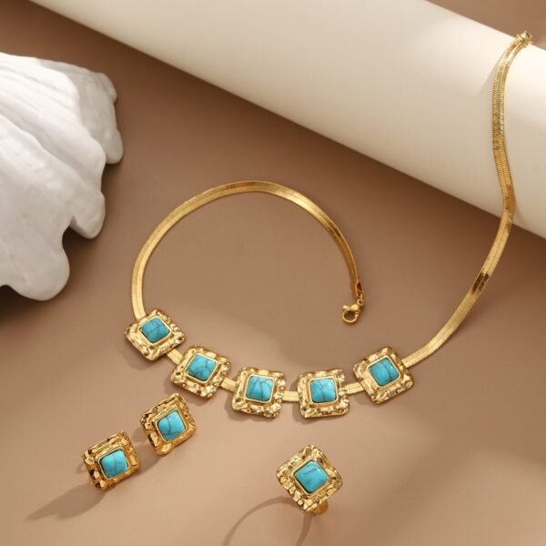 Cross-Border Electroplated K Gold Jewelry Set, Turquoise Necklace, Snake Bone Chain, Geometric Three-Piece Set