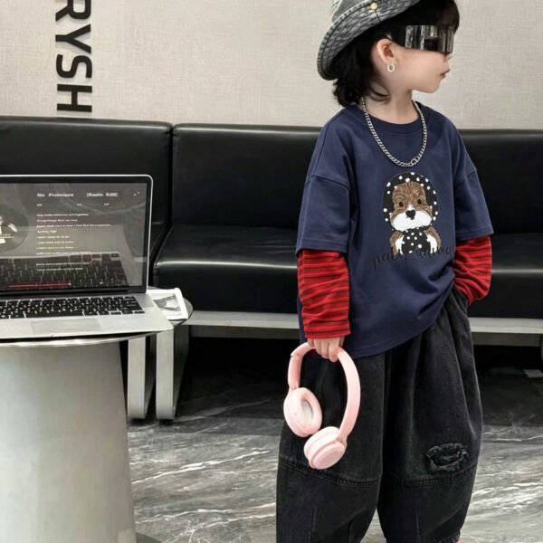 Children's Two-in-One Long Sleeve T-Shirt, Cartoon Patchwork Sleeve Top