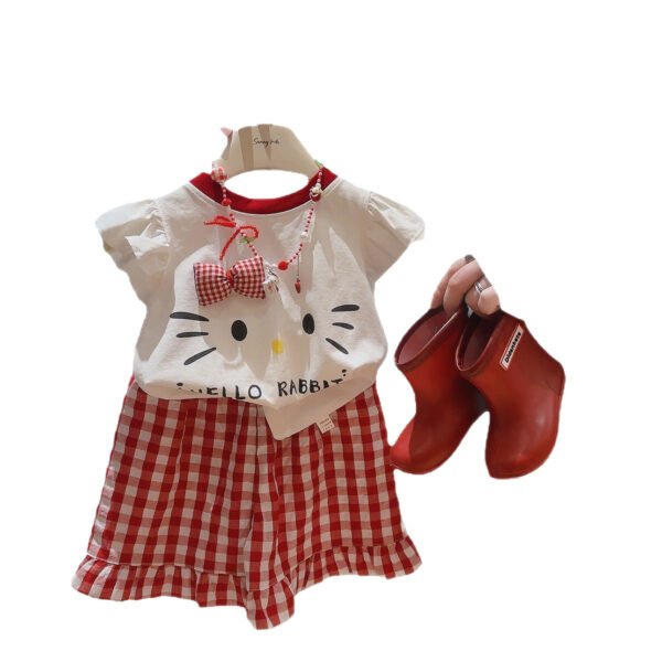 Girls Flying Sleeve Bow Two-Piece Set - Short Sleeve Top and Shorts
