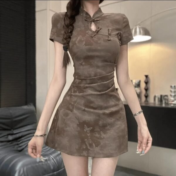 Chinese-Style Plate Buckle National Style Improved Cheongsam Short Pleated Slim Fit Dress