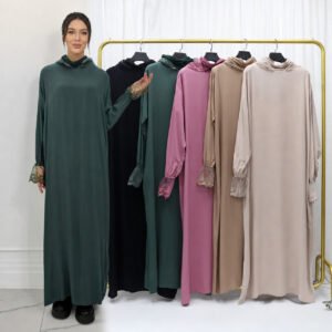 FK608-LN61 Robe longue à capuche en dentelle de couleur unie