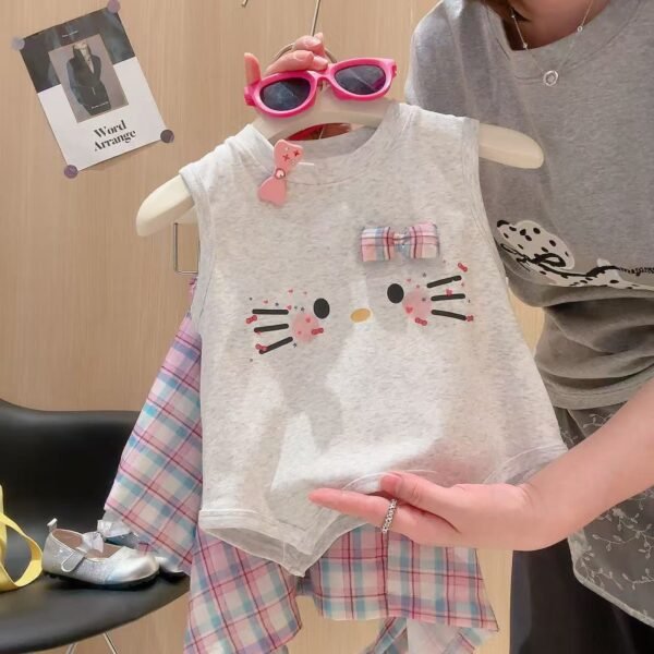 Girls' Cute Cartoon Sleeveless T-Shirt and Skirt Set