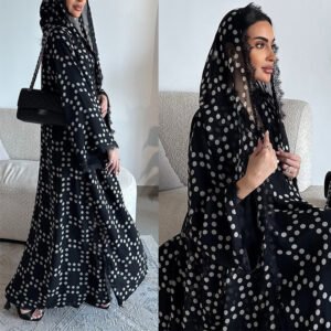 LN245 سترة صوفية طويلة بطبعة منقط ودانتيل
