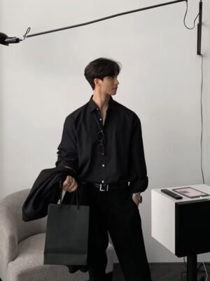 Men's Draped Long Sleeve Shirt - Loose Fit Plain Casual Shirt