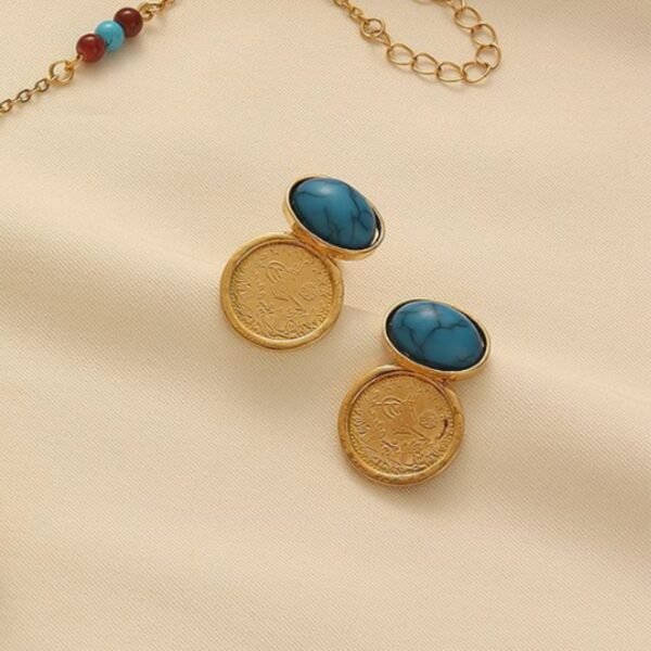 Gold-Plated Ancient Coin Pendant Necklace Beaded Chain Blue Turquoise Earrings Three-Piece Set