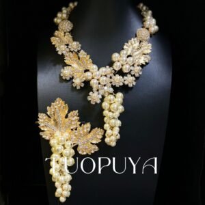 French Vintage Pearl & Rhinestone Leaf Set – Necklace & Brooch