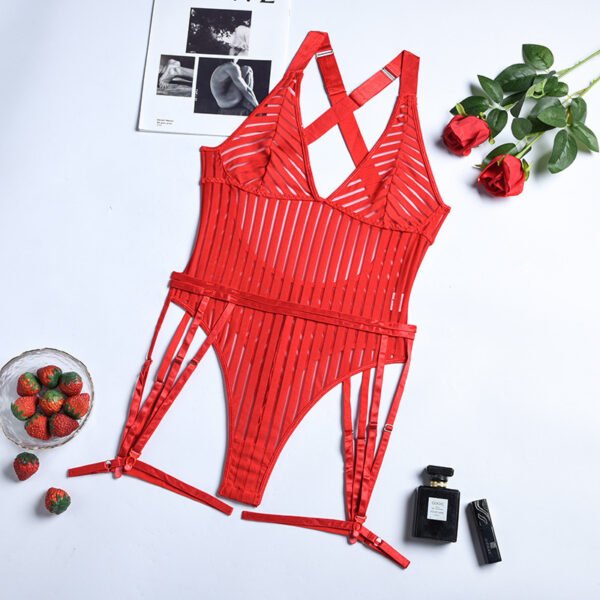 Cross-Border Foreign Trade European and American Style Sexy Lingerie Mesh Striped Garter Belt Bodysuit