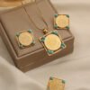 Turkish Style Gold Coin Jewelry Square Cut-Out Frame Pearl Necklace Set