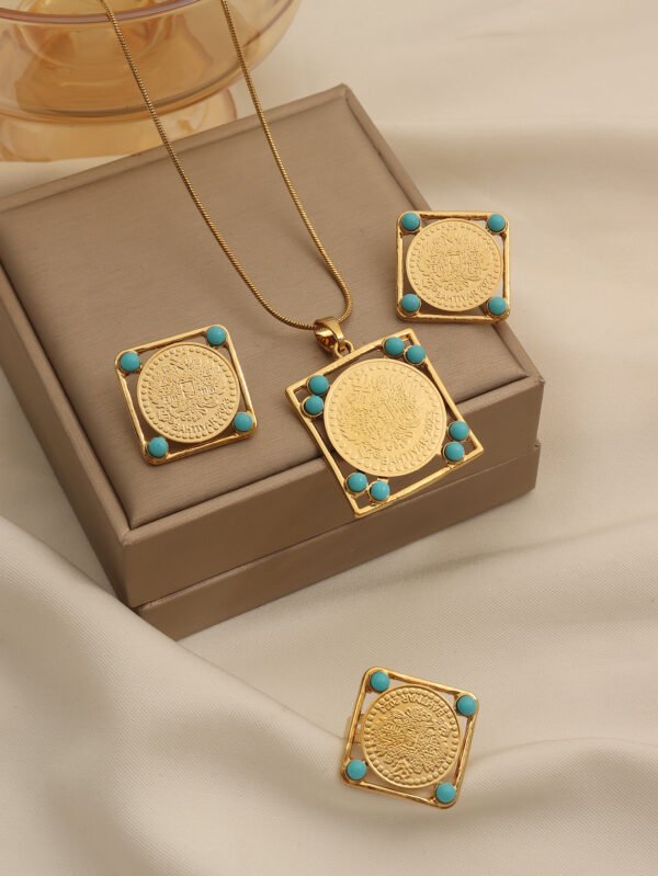 Turkish Style Gold Coin Jewelry Square Cut-Out Frame Pearl Necklace Set