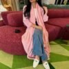 LN229 Pink Petal-Sleeved Cardigan with Chiffon Wide Sleeves
