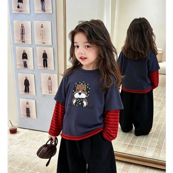 Children's Two-in-One Long Sleeve T-Shirt, Cartoon Patchwork Sleeve Top