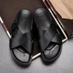 Men's Genuine Leather Slide Sandals - Breathable Cowhide Beach Slippers