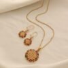 Retro Ethnic Round Pendant Necklace Gold Choker Elegant Earrings Set