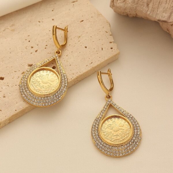 Gold-Plated Coin Earrings, Rice Flower Coin with Diamonds, Ethnic Style