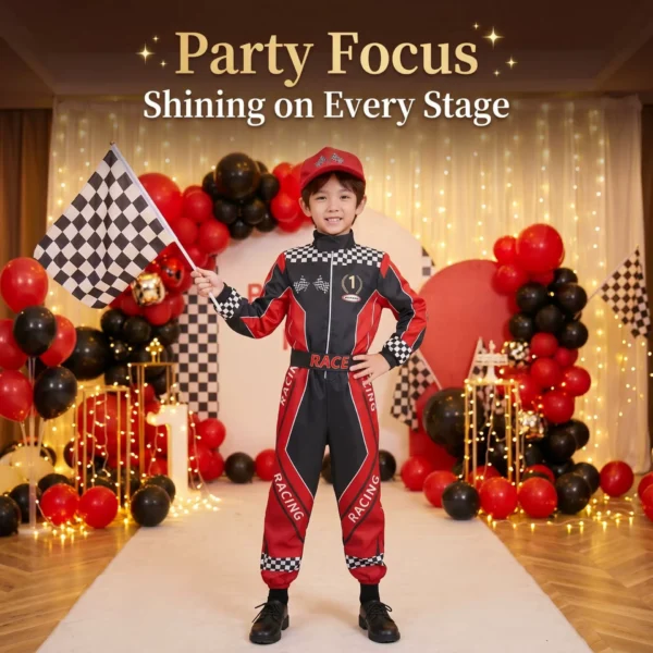 Boys Racing Suit Costume Set with Belt & Hat - Kids Role-Play Jumpsuit
