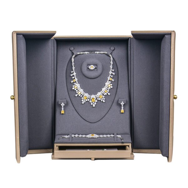 Deluxe Wooden Jewellery Set Box - PU Leather Necklace, Earring & Ring Display Case
