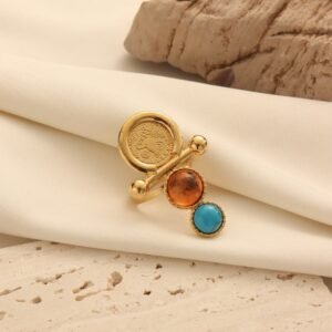 Turkish Gold-Plated Vintage Court-Style Open Ring with Blue Turquoise and Gold Coin Design