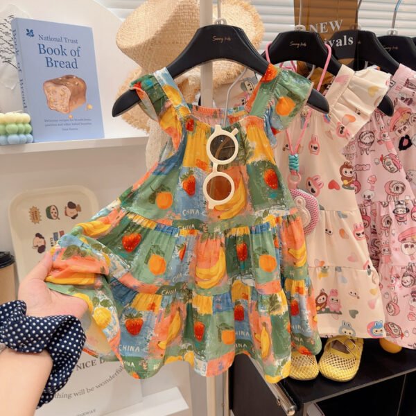 Girls Floral Cartoon Print Cotton-Silk Summer Dress - Skin-Friendly, Cool Feel