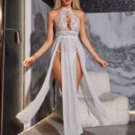 Cross-Border Foreign Trade European and American New Sexy Underwear Sexy Women's Mesh Yarn Halterneck Hollow Split Long Skirt Sexy Suit