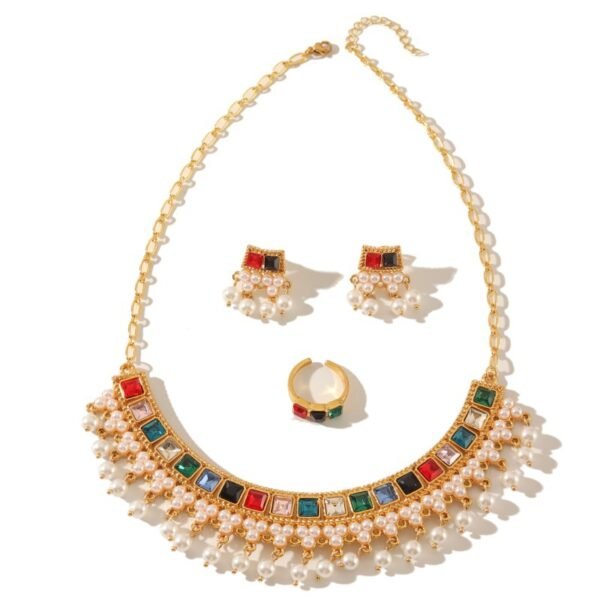Bohemian Curved Neck Chain Pearl Tassel Black Diamond Necklace Earring Set