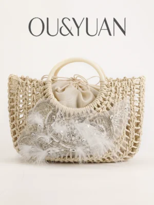 Hand-Woven Hollow-Out Straw Bag - Sequin and Feather Beach Handbag