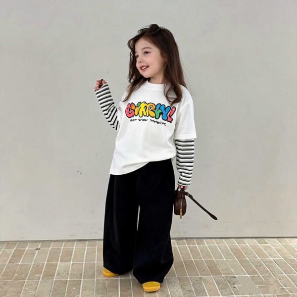 Children's Two-in-One Long Sleeve T-Shirt, Cartoon Patchwork Sleeve Top