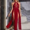 Cross-Border Foreign Trade European and American New Sexy Underwear Sexy Women's Mesh Yarn Halterneck Hollow Split Long Skirt Sexy Suit