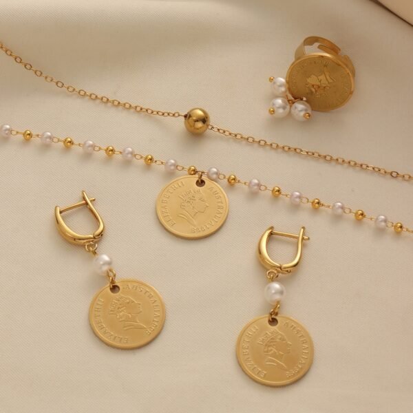 Turkish Portrait Coin Badge Chain Pearl Double-Layer Necklace Jewelry Set 2 Turkish Portrait Coin Badge Chain Pearl Double-Layer Necklace Jewelry Set
