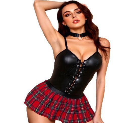 Cross-border foreign trade Europe and the United States new sexy lingerie sexy women patent leather jumpsuit red plaid hip skirt sexy suit