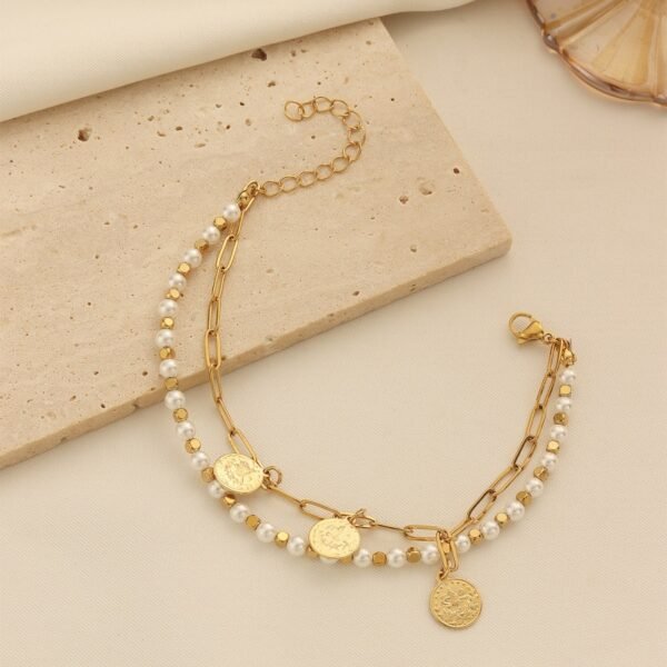 Middle Eastern Retro Pearl Rice Flower Coin Pendant Bracelet