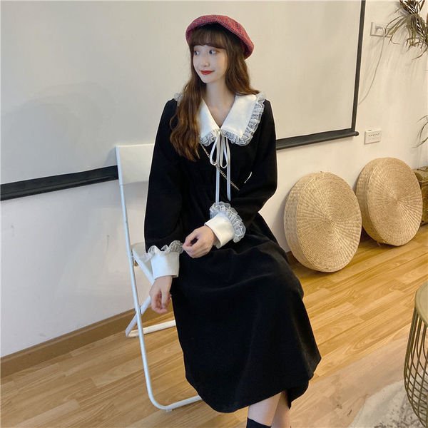 French Style Women's Red Waist Slimming Long Sleeve Hepburn Style Midi Dress Plus Size