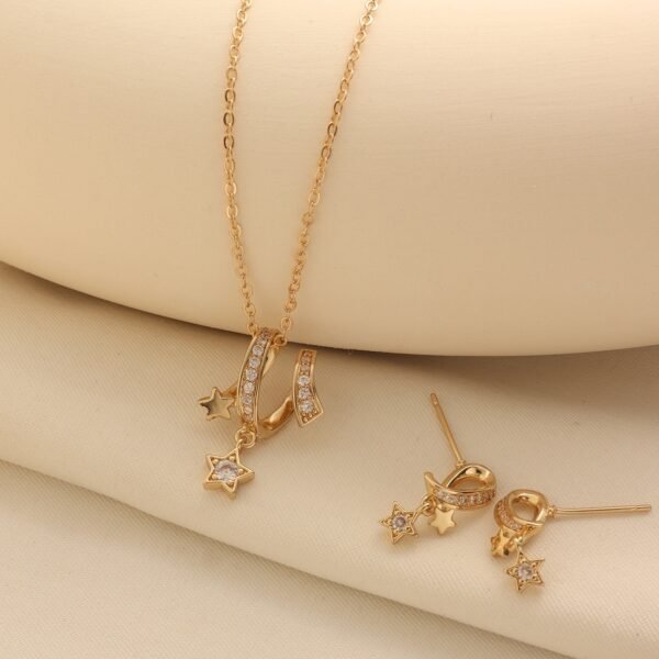 Copper Inlaid Zircon Meteor Shower Necklace Geometric Star Pendant Earrings Set