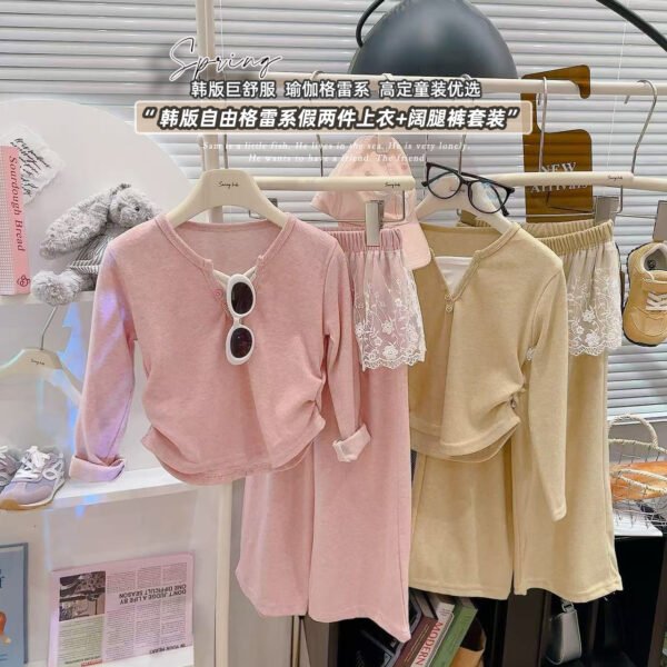 2025 New Preppy Style Girls' Spring Autumn Set, Casual Zip-Up Hoodie, Korean Loose Fit Big Kids