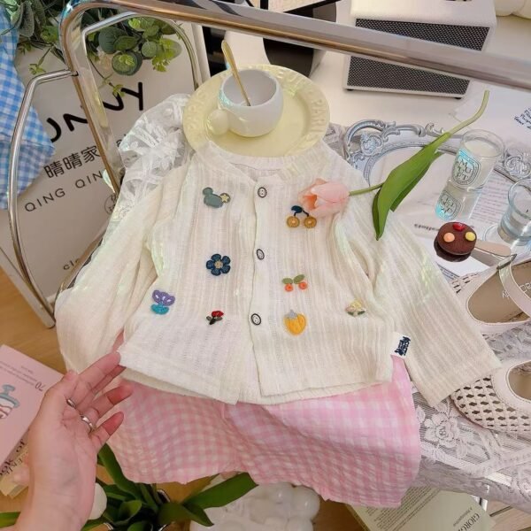 2025 Spring and Summer Girls' Knitwear Soft Cardigan, Cartoon Color Button Long Sleeve Coat