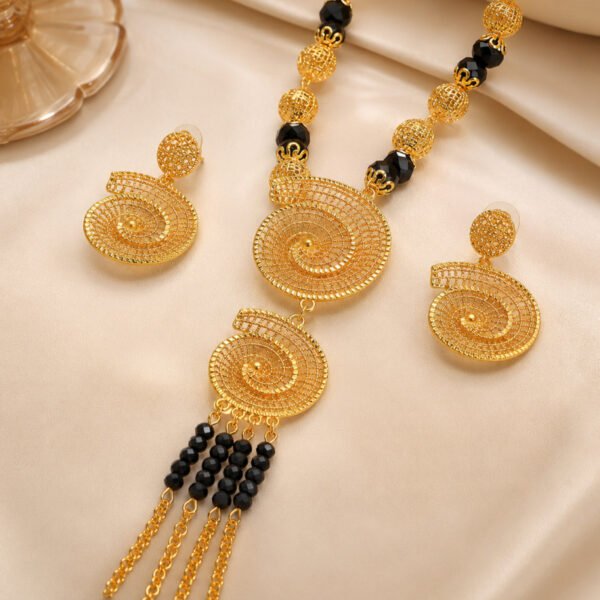 Cross-Border Bestseller Ethnic Style Spiral Hollow Black Bead Necklace Set with Long Tassel Earrings, Exotic Style