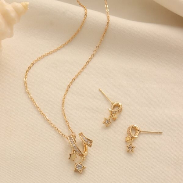 Copper Inlaid Zircon Meteor Shower Necklace Geometric Star Pendant Earrings Set