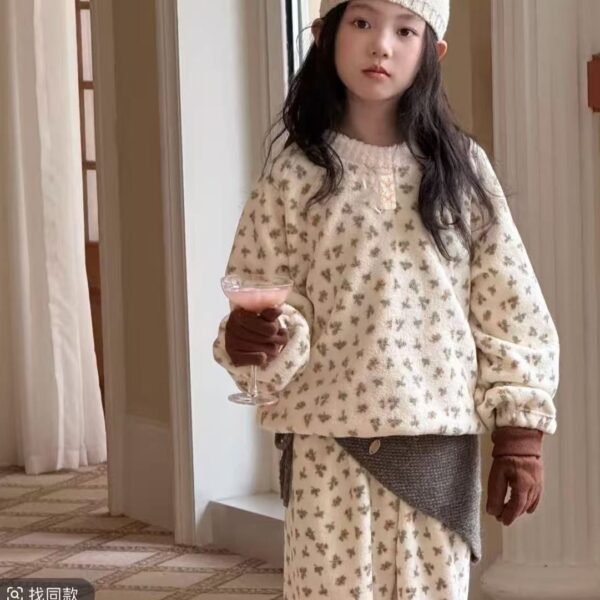 Girls' Pajamas Autumn Winter Thickened Fleece-Lined Floral Home Wear