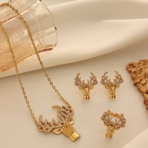 European and American Deer Head Necklace Three-Piece Set, Antler Ring, Christmas Animal Jewelry